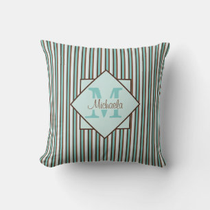 Chocolate Brown & Mint Green Stripes Monogram Cushion