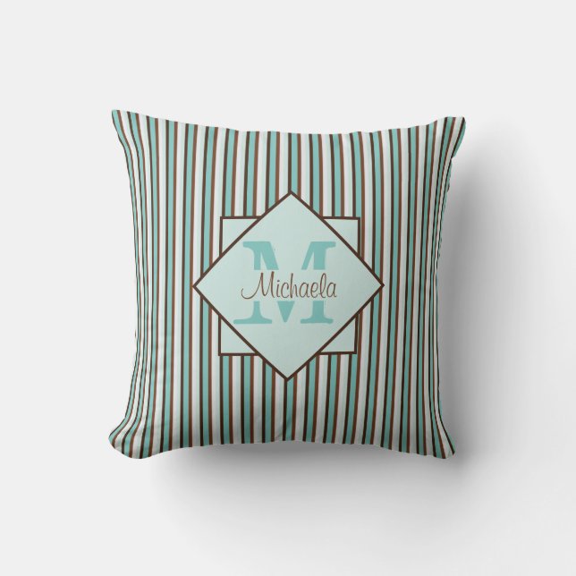 Chocolate Brown & Mint Green Stripes Monogram Cushion (Front)
