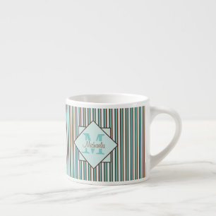 Chocolate Brown & Mint Green Stripes Monogram Espresso Cup