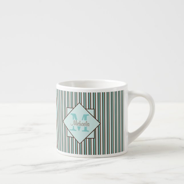 Chocolate Brown & Mint Green Stripes Monogram Espresso Cup (Right)