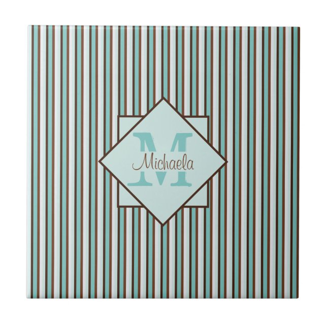 Chocolate Brown & Mint Green Stripes Monogram Tile (Front)