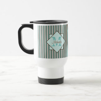 Chocolate Brown & Mint Green Stripes Monogram Travel Mug