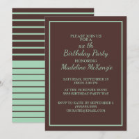 Chocolate Brown Mint Striped Birthday Party Invite
