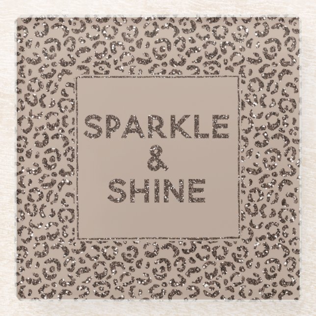Chocolate Brown Mocha Cream Leopard Glitter Shine  Glass Coaster (Front)