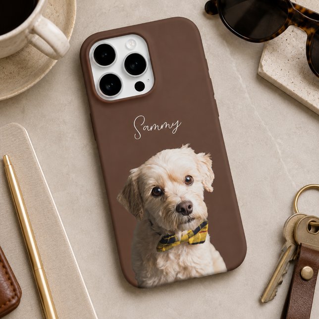 Chocolate Brown Modern Dog Photo and Script Name iPhone Case (Creator Uploaded)