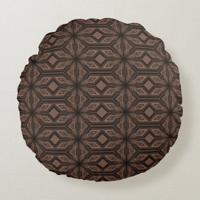 Chocolate Brown Mosaic Cotton Round Throw Pillow (Front)