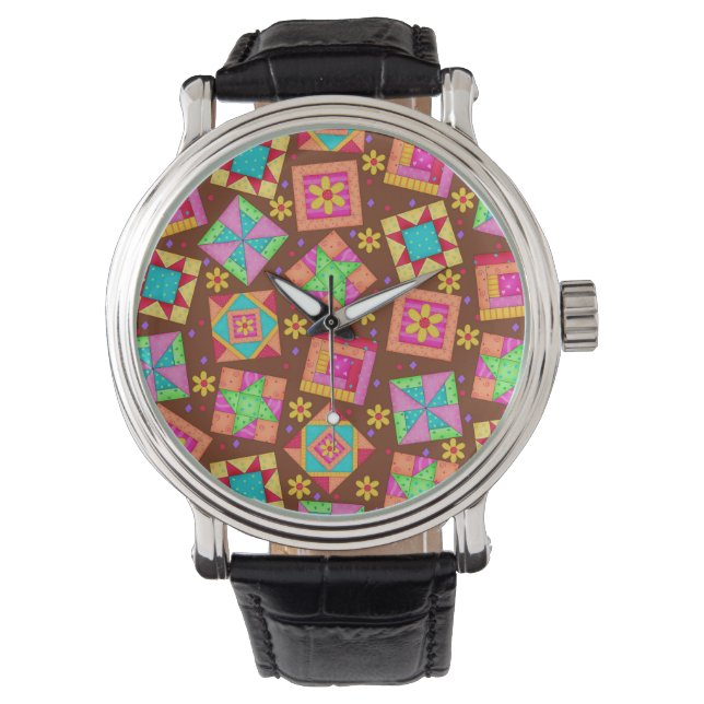 Chocolate Brown Patchwork Quilt Art Blocks Watch (Front)