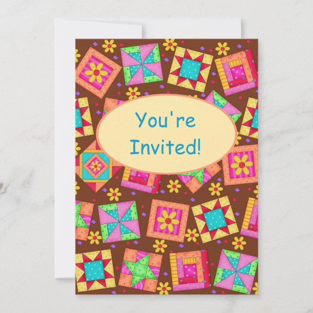 Chocolate Brown Patchwork Quilt Block Art Invitation (Front)