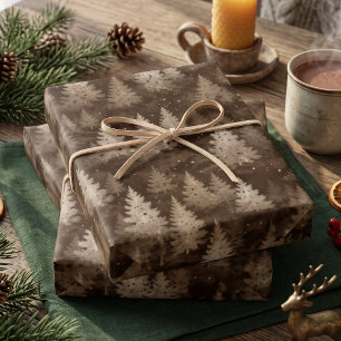 Chocolate Brown Pine Forest Christmas Wrapping Paper Sheet