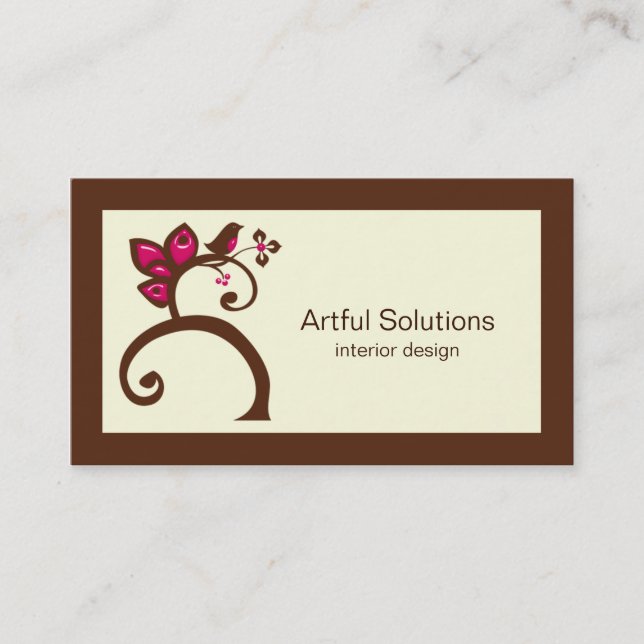 Chocolate Brown Pink Flowers Bird Business Card (Front)