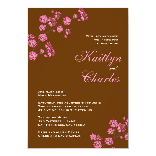 Chocolate Brown Pink Flowers Vintage Wedding Card