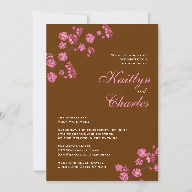 Chocolate Brown Pink Flowers Vintage Wedding Invitation (Front)