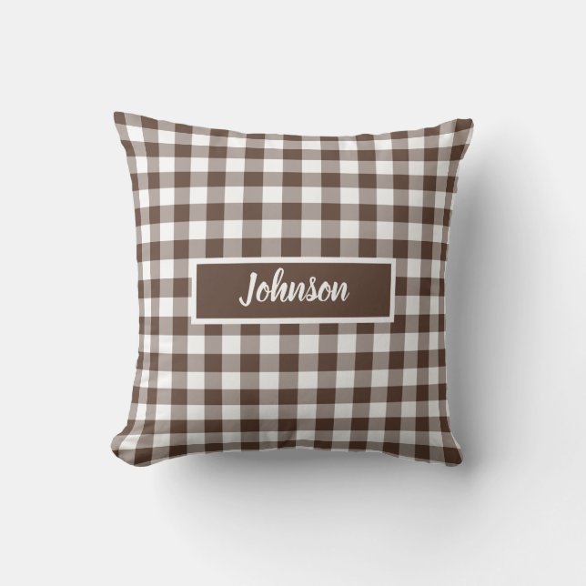 Chocolate Brown Plaid Gingham Customizable Cushion (Front)