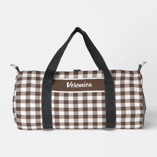Chocolate Brown Plaid Gingham Personalized Duffle Bag