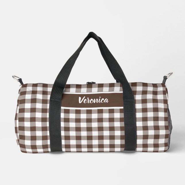 Chocolate Brown Plaid Gingham Personalized Duffle Bag (Front)