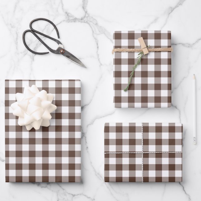 Chocolate Brown Plaid Gingham Wrapping Paper Sheet (Front)