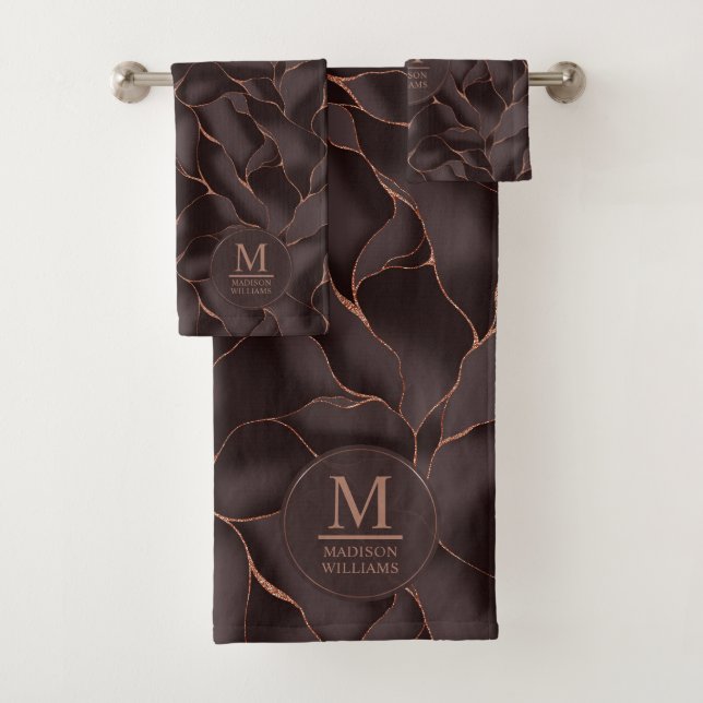 Chocolate Brown & Rose Gold Abstract Wave Pattern Bath Towel Set (Insitu)