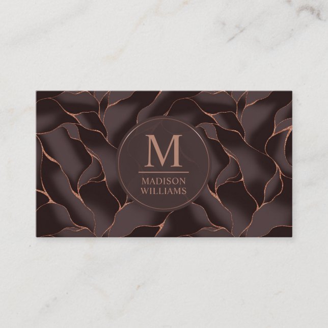Chocolate Brown & Rose Gold Abstract Wave Pattern Business Card (Front)