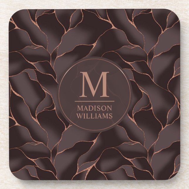 Chocolate Brown & Rose Gold Abstract Wave Pattern Coaster (Front)