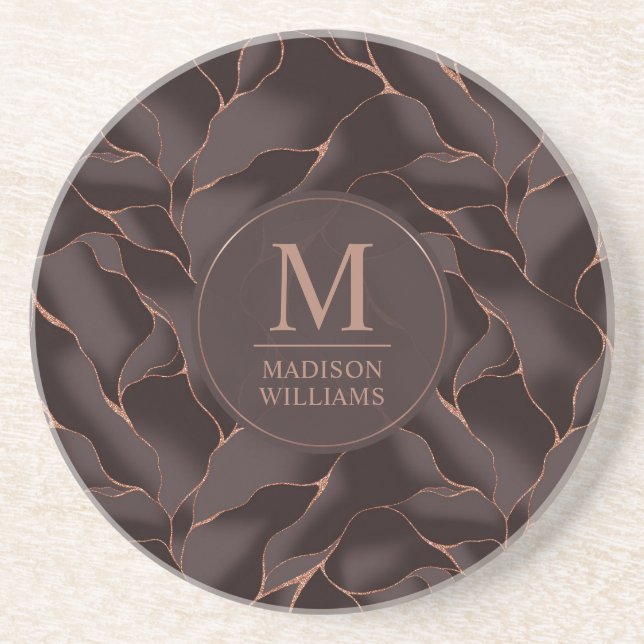 Chocolate Brown & Rose Gold Abstract Wave Pattern Coaster (Front)