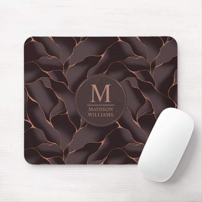 Chocolate Brown & Rose Gold Abstract Wave Pattern Mouse Mat (With Mouse)
