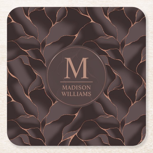Chocolate Brown & Rose Gold Abstract Wave Pattern Square Paper Coaster (Front)