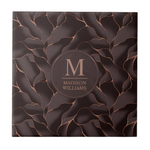 Chocolate Brown & Rose Gold Abstract Wave Pattern Tile