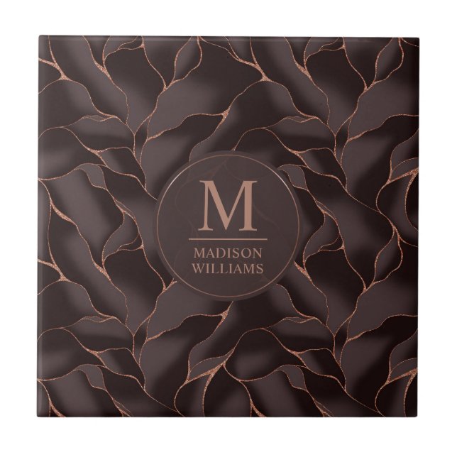 Chocolate Brown & Rose Gold Abstract Wave Pattern Tile (Front)