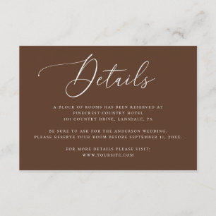 Chocolate Brown Script Wedding Hotel Details Enclosure Card