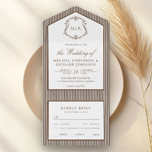 Chocolate Brown Striped Crest Monogram Wedding All In One Invitation