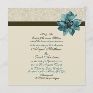 Chocolate Brown Teal Blue Flower Wedding Invite
