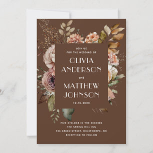 Chocolate Brown Watercolor Floral QR Code Wedding Invitation