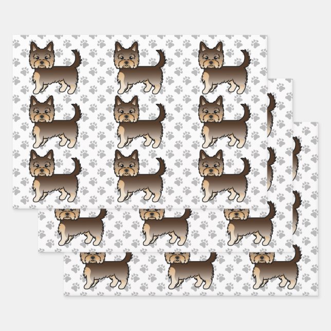 Chocolate Brown Yorkshire Terrier Dog Pattern Wrapping Paper Sheet (Set)