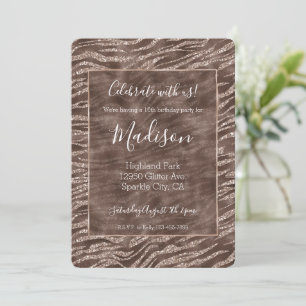 Chocolate Brown Zebra Glitter   Invitation