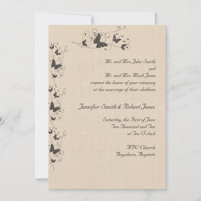 Chocolate Butterflies on Linen Wedding Invitation (Front)