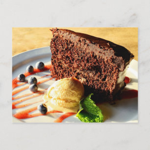 Chocolate cake with caramel ice cream postcard