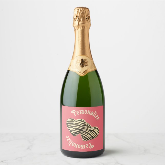 Chocolate candy heart coral pink cute love sparkling wine label (Front)