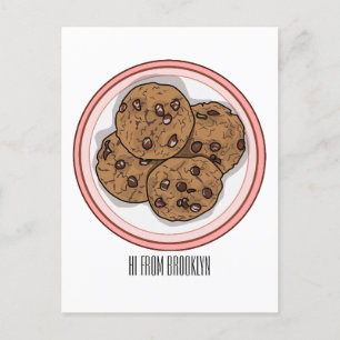 Chocolate chip cookie cartoon illustration  postcard