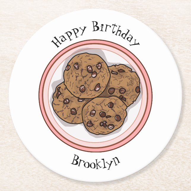 Chocolate chip cookie cartoon illustration  round paper coaster (Front)