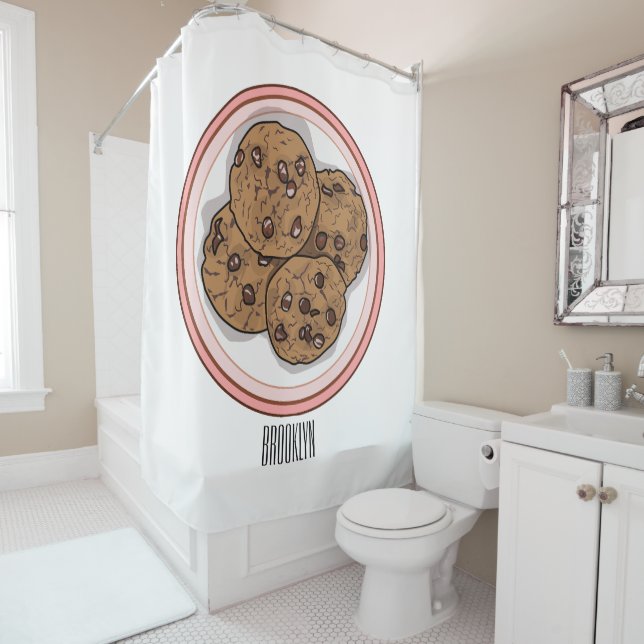 Chocolate chip cookie cartoon illustration shower curtain (In Situ)