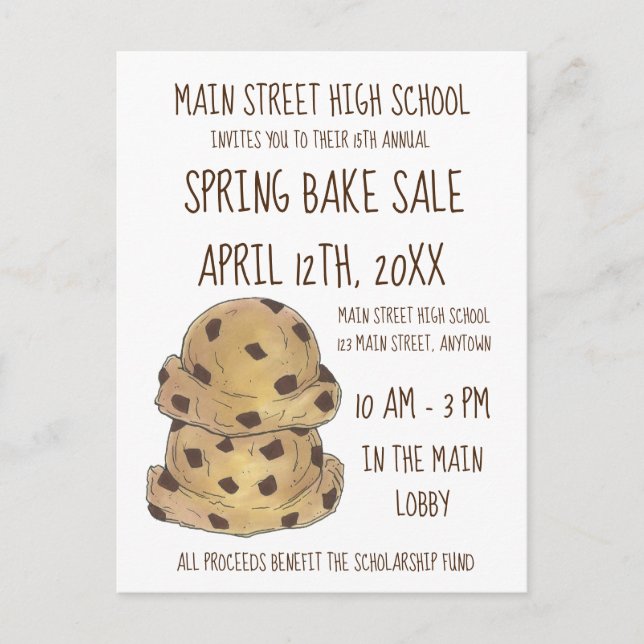Chocolate Chip Cookie Dough Bake Sale Cookies Invitation Postcard (Front)