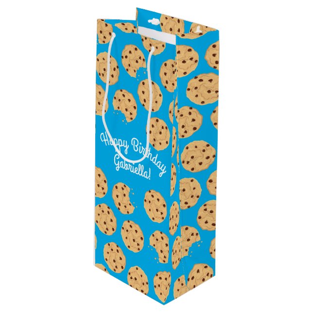 Chocolate Chip Cookie Kids 1st Birthday Party Blue Wine Gift Bag (Front Angled)