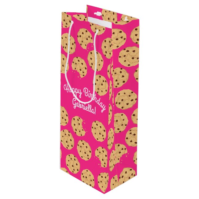 Chocolate Chip Cookie Kids 1st Birthday Party Pink Wine Gift Bag (Front Angled)
