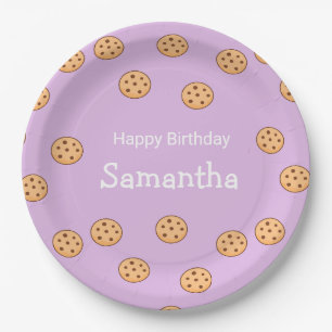 Chocolate chip cookies birthday purple  paper plate