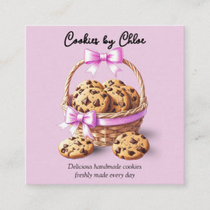 Chocolate Chip Cookies in Basket with Pink Bow Square Business Card