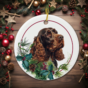 Chocolate Cocker Spaniel Evergreen Berry Wreath Ceramic Tree Decoration