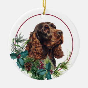 Chocolate Cocker Spaniel Evergreen Berry Wreath Ceramic Tree Decoration