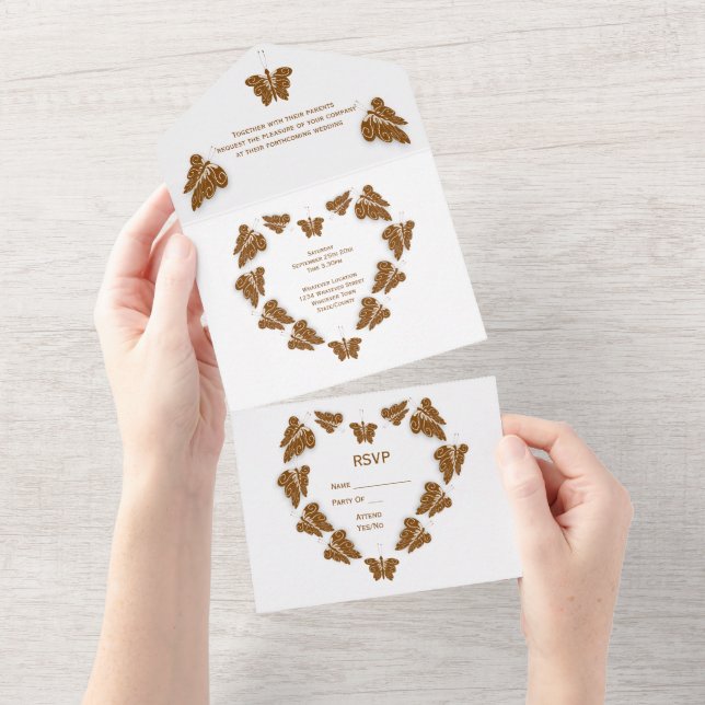 Chocolate Coloured Butterflies Design Wedding All In One Invitation (Tearaway)