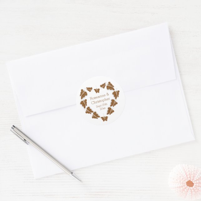 Chocolate Coloured Butterflies Design Wedding Classic Round Sticker (Envelope)