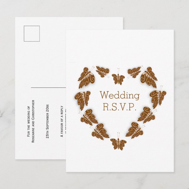 Chocolate Coloured Butterflies Design Wedding RSVP Invitation Postcard (Front/Back)
